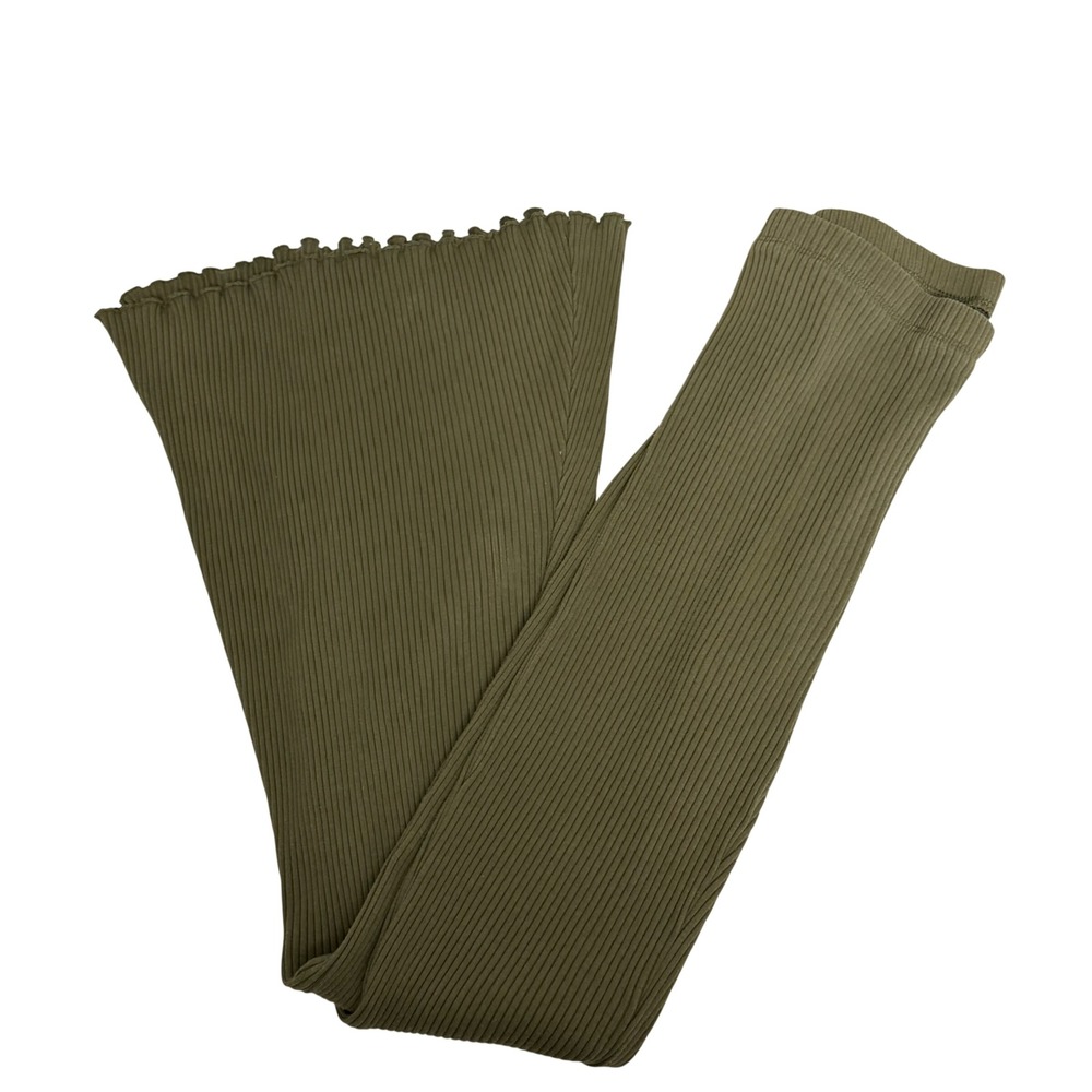 Aerie Ribbed Flare Leggings Women Medium Olive Green Lettuce Edge High Rise Boho